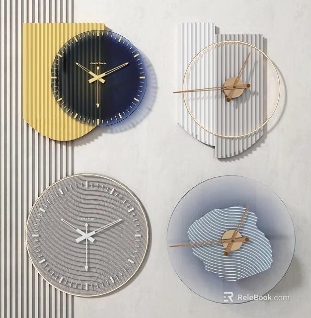Stylish Modern Wall Clocks With Artistic Geometric Designs And Gold Blue Gray Colors 3d model 