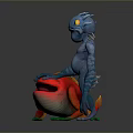Blue Humanoid Creature Standing Next To Red Fish With Orange Fins And Green Feet