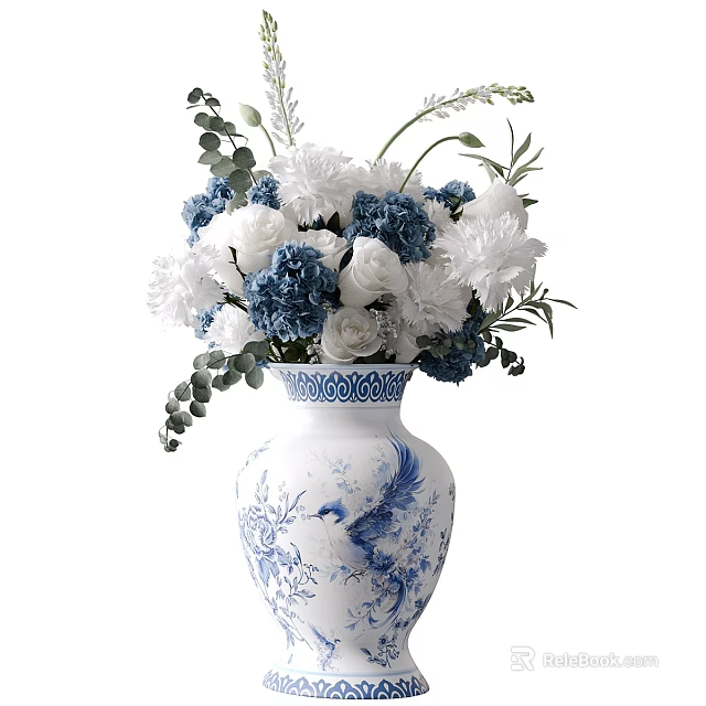 Decorative Ornament Set Featuring Blue White Vase Phoenix Pattern White Blue Flowers Green Leaves 3d model 