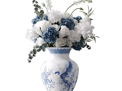 Decorative Ornament Set Featuring Blue White Vase Phoenix Pattern White Blue Flowers Green Leaves 3d model