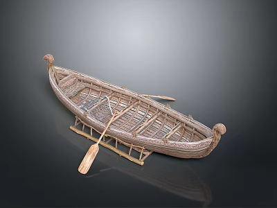 Traditional Handcrafted Wicker Boat With Wooden Paddle And Support Stand 3d model