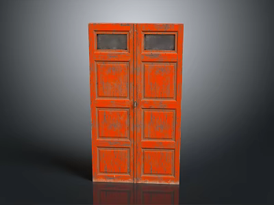 Vintage Style Red Double Door Cabinet With Glass Panels And Wooden Texture 3d model