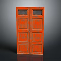 Vintage Style Red Double Door Cabinet With Glass Panels And Wooden Texture