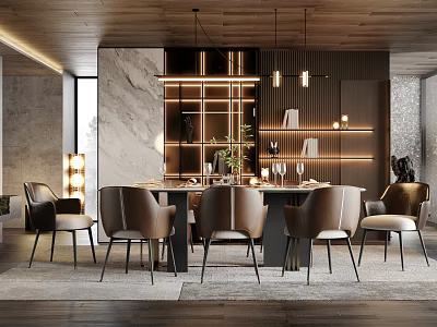 Modern Luxury Restaurant Interior With Dining Table Chairs Pendant Lights Wooden Walls And Marble Elements 3d model