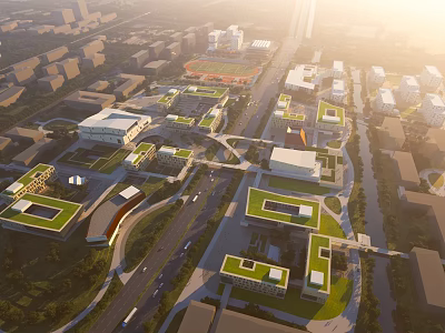 Aerial Planning of Urban Layout with Modern Buildings Green Roofs and Road Network 3d model