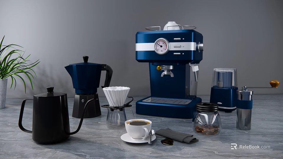 Modern Kitchen Appliances Set With Blue Espresso Machine Black Moka Pot Kettle And Grinder 3d model 