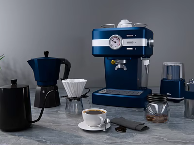 Modern Kitchen Appliances Set With Blue Espresso Machine Black Moka Pot Kettle And Grinder 3d model