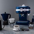 Modern Kitchen Appliances Set With Blue Espresso Machine Black Moka Pot Kettle And Grinder