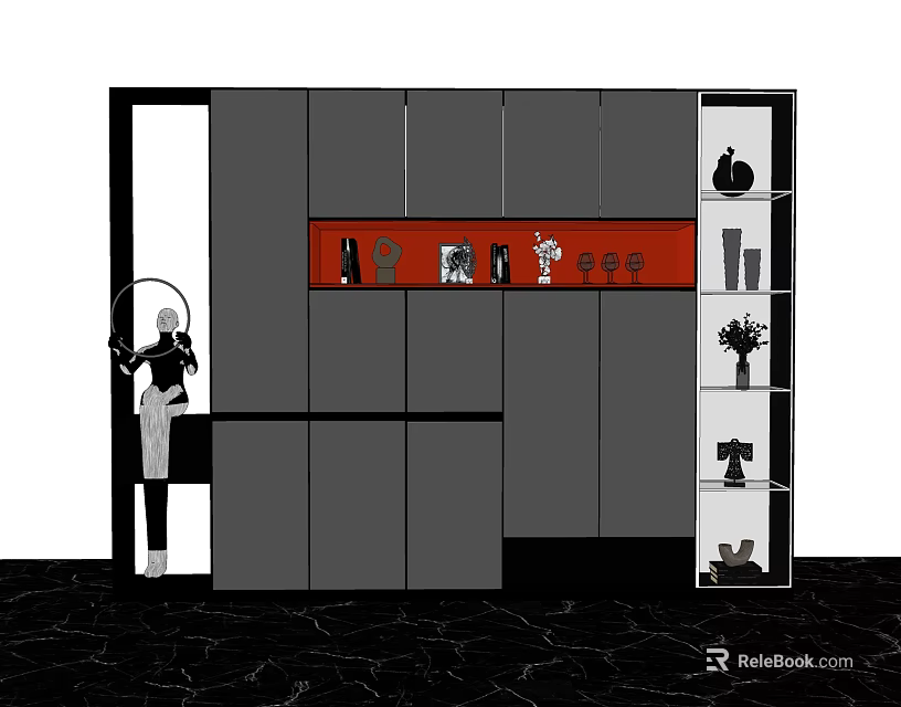Modern Gray Decorative Cabinet Featuring Red Accent Shelf With Ornaments And Open Shelves 3d model 
