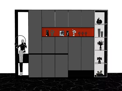 Modern Gray Decorative Cabinet Featuring Red Accent Shelf With Ornaments And Open Shelves 3d model