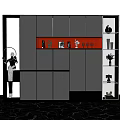 Modern Gray Decorative Cabinet Featuring Red Accent Shelf With Ornaments And Open Shelves