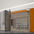 Modern Elegant Open Leisure Area With Orange Walls Wooden Decor Display Shelves And Seating