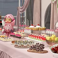 Tea Break Area With Various Desserts Fresh Fruits Sushi Pink Decor And Cartoon Figure