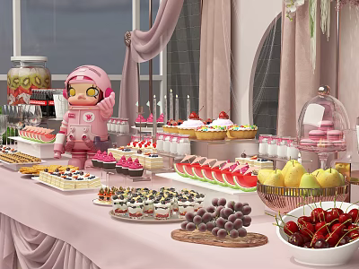 Tea Break Area With Various Desserts Fresh Fruits Sushi Pink Decor And Cartoon Figure 3d model