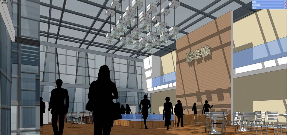 Modern Sales Office Interior with Large Glass Windows Stylish Chandeliers and Visitors 3d model 