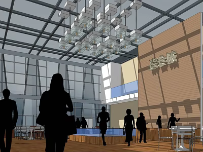 Modern Sales Office Interior with Large Glass Windows Stylish Chandeliers and Visitors 3d model