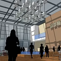 Modern Sales Office Interior with Large Glass Windows Stylish Chandeliers and Visitors