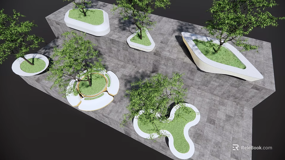 Modern Tree Planters With Irregular Shapes Green Grass And Trees On Gray Paved Ground 3d model 