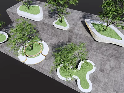 Modern Tree Planters With Irregular Shapes Green Grass And Trees On Gray Paved Ground 3d model
