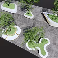 Modern Tree Planters With Irregular Shapes Green Grass And Trees On Gray Paved Ground