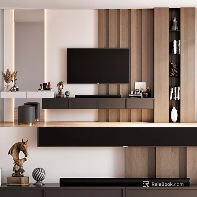 Modern TV Wall Unit With Wooden Panels And Decorations 3d model