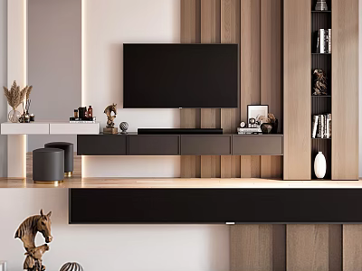 Modern TV Wall Unit With Wooden Panels And Decorations 3d model