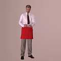 Man in White Shirt Black Tie and Red Apron Holding Device Against Gray Background