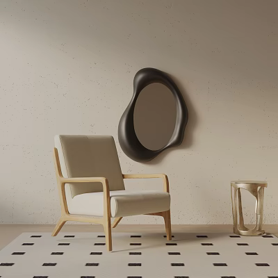Modern Minimalist Accent Chair With Beige Fabric Wooden Armrests And Black Irregular Mirror On Wall 3d model