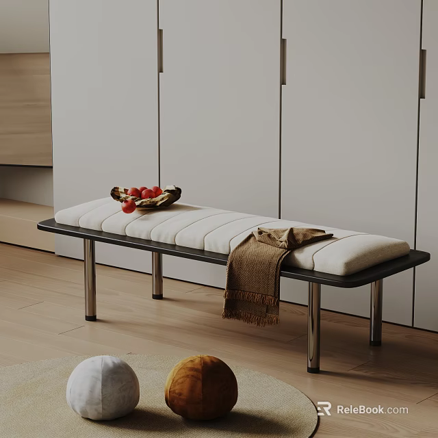 Upholstered Bench With Fruit Bowl And Throw Blanket In Minimalist Interior 3d model