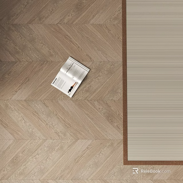 Herringbone Wooden Floor Design With Open Magazine And Striped Rug Texture 3d model 
