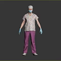 A Man wearing colorful printed top pink pants white cap face mask and blue gloves