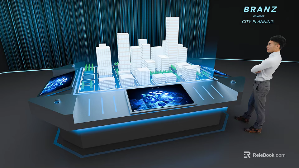 Commercial Equipment Interactive Display Table Featuring City Model And Touchscreens 3d model 