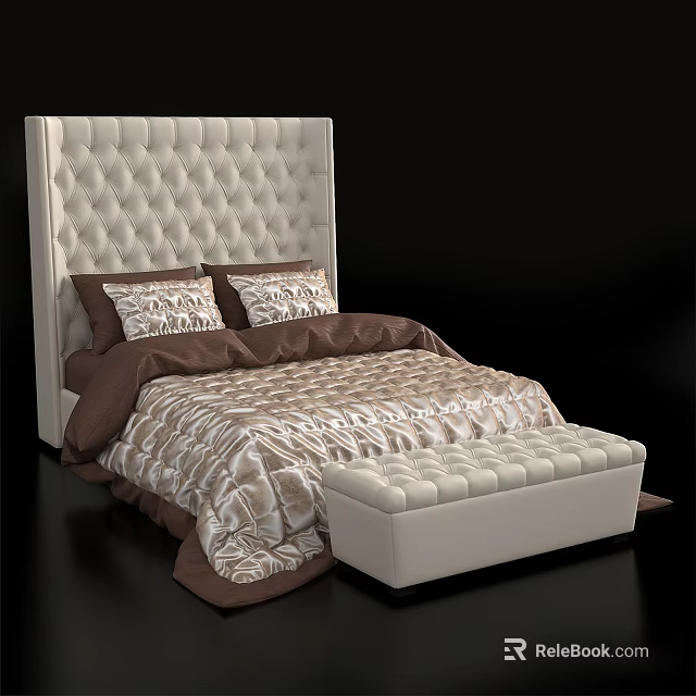 Double Bed with Tufted White Headboard Brown Beige Bedspread Patterned Pillows and Tufted White Bench 3d model