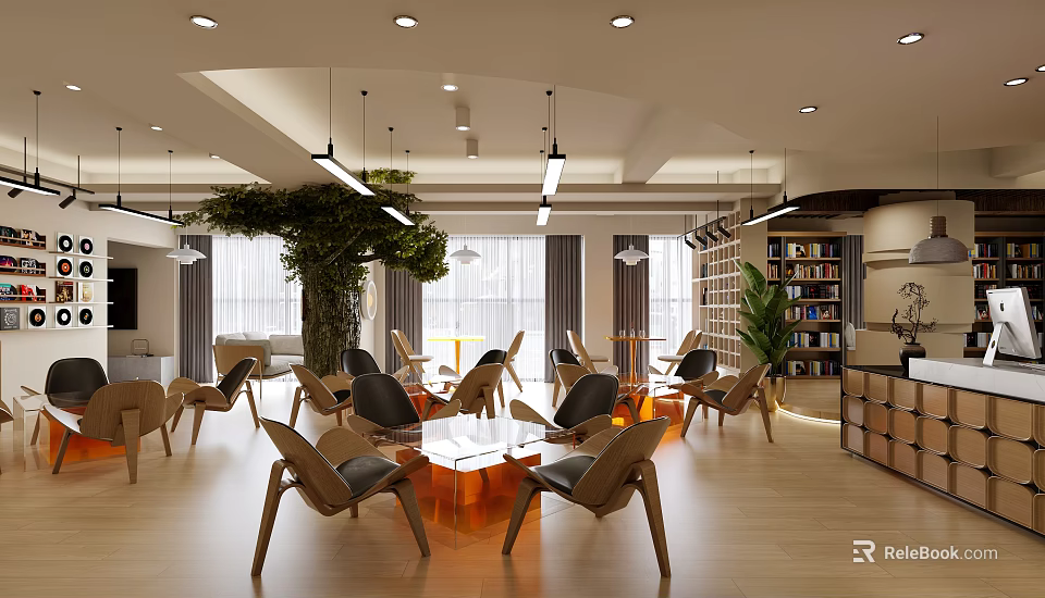 Modern Cafe Open Space With Wooden Tables Chairs Central Tree Hanging Lights And Bookshelves 3d model 