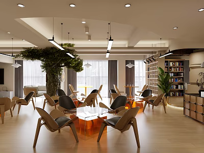 Modern Cafe Open Space With Wooden Tables Chairs Central Tree Hanging Lights And Bookshelves 3d model