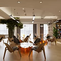 Modern Cafe Open Space With Wooden Tables Chairs Central Tree Hanging Lights And Bookshelves