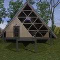 A Frame Cottage With Metal Roof Large Glass Windows Wooden Door Deck And Grassland View