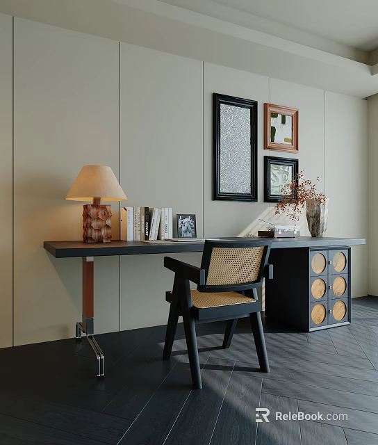 Modern Minimalist Desk Setup With Table Lamp Books Framed Photos Cane Chair And Vase 3d model 