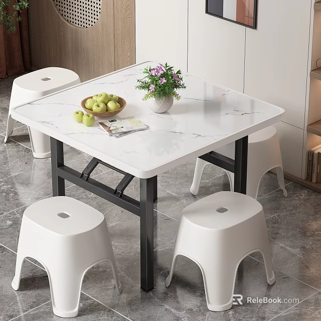 Modern Square Dining Table Set With White Stools And Marble Top 3d model 