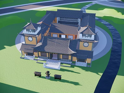 Ancient Chinese Architectural Building With Yellow Walls Black Tiled Roofs And Towers Stone Steps River 3d model
