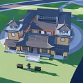 Ancient Chinese Architectural Building With Yellow Walls Black Tiled Roofs And Towers Stone Steps River