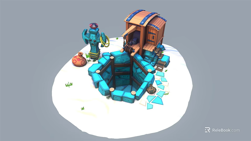 Cartoon Scene With Blue Ice Well Wooden House Blue Character Red Bag On Snowy Ground With Grass 3d model 