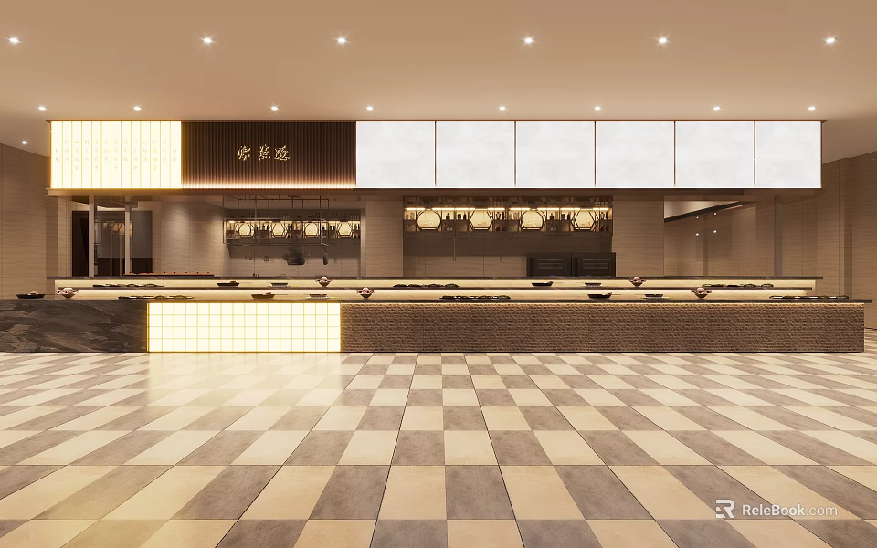 Modern Restaurant Interior With Checkerboard Floor Tiles Counter And Warm Lighting 3d model 