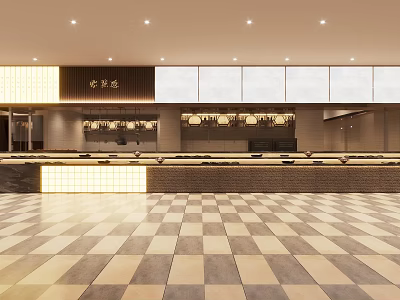 Modern Restaurant Interior With Checkerboard Floor Tiles Counter And Warm Lighting 3d model