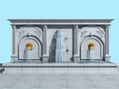 Classical Garden Ornament With Stone Columns Decorative Arches Golden Accents And Waterfall 3d model