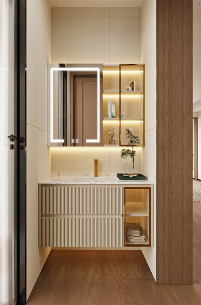 Modern Bathroom Interior Design With Vanity Mirror Potted Plant And Wooden Cabinets 3d model