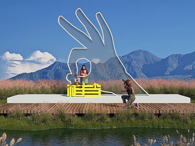 Rural Landscape With Giant White Palm Sculpture Wooden Platform Mountain Blue Sky And Waterfront Reeds 3d model