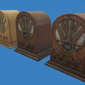 Vintage Wooden Headphone Speakers Multiple Units Arranged On Blue Background