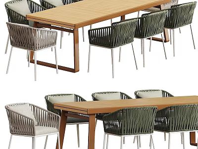 Modern Wooden Dining Table With Woven Chairs Metal Legs For Contemporary Dining Area 3d model