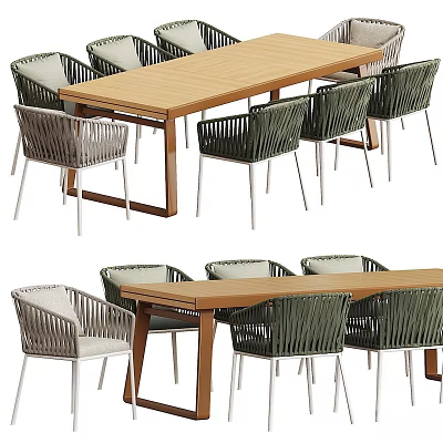 Modern Wooden Dining Table With Woven Chairs Metal Legs For Contemporary Dining Area 3d model